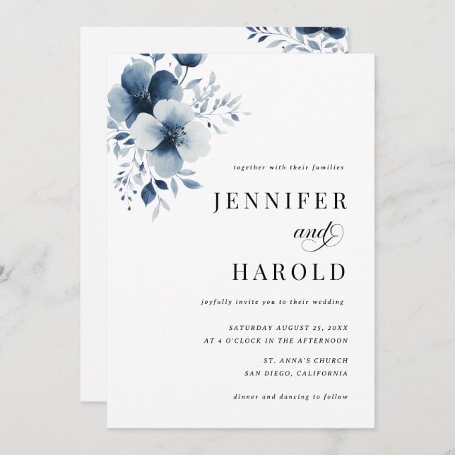 Invitación Navy Blue Floral Minimal Plain All in One Wedding (Anverso / Reverso)