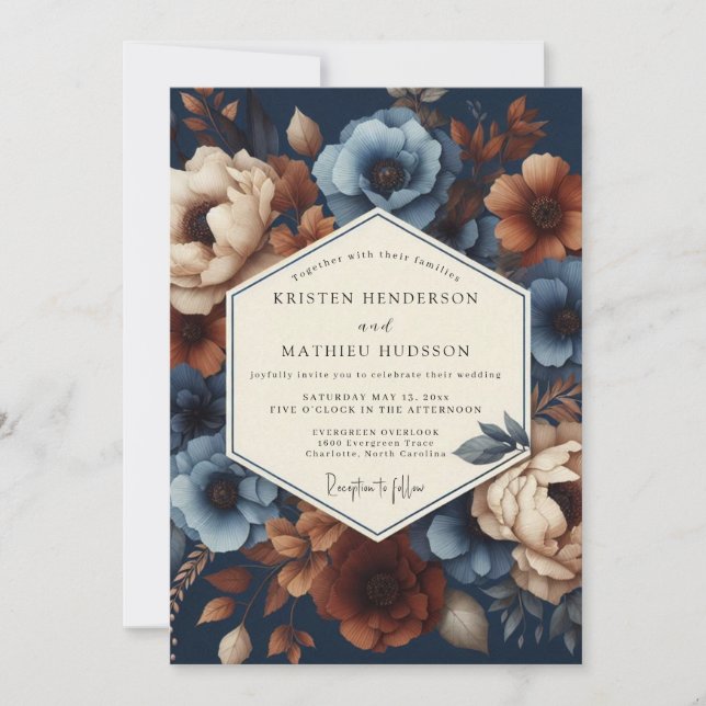 Invitación Navy Blue Floral Romance Wedding (Anverso)