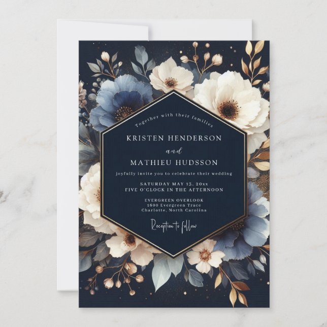 Invitación Navy Blue Floral Romance Wedding (Anverso)