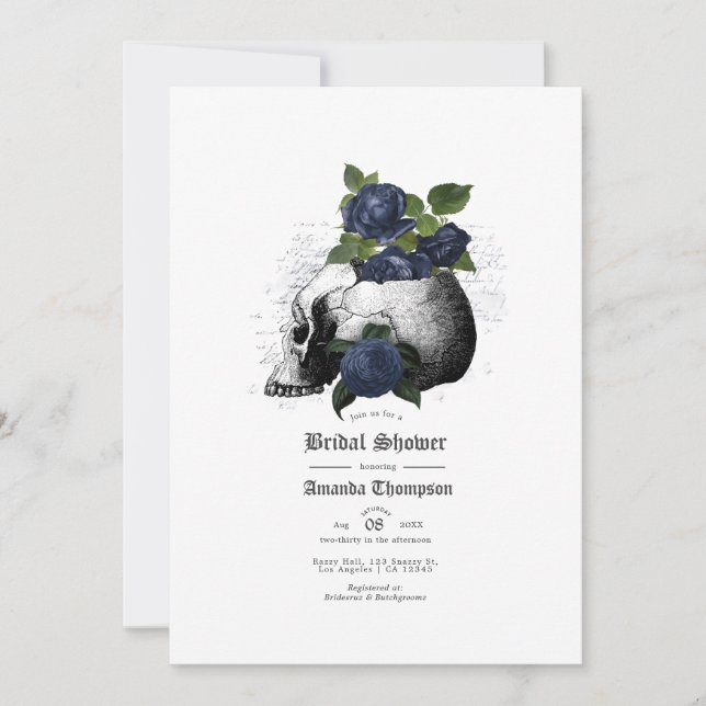 Invitación Navy Blue Floral Skull Gothic Bridal Shower Invita (Anverso)