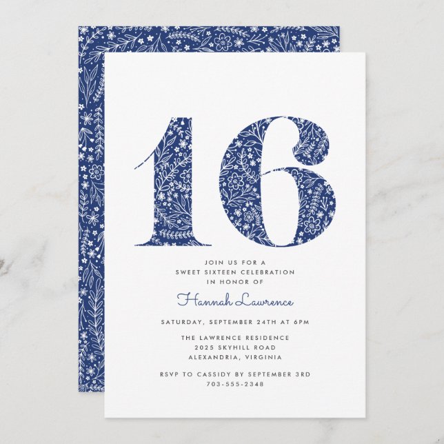 Invitación Navy Blue Floral Sweet Dieciséis cumpleaños (Anverso / Reverso)