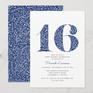 Invitación Navy Blue Floral Sweet Dieciséis cumpleaños