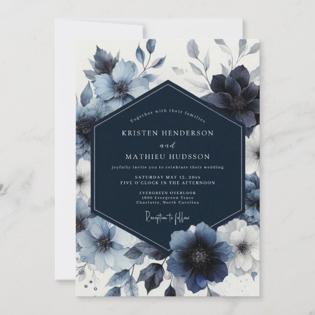 Invitación Navy Blue Floral Whimsy Wedding (Anverso)