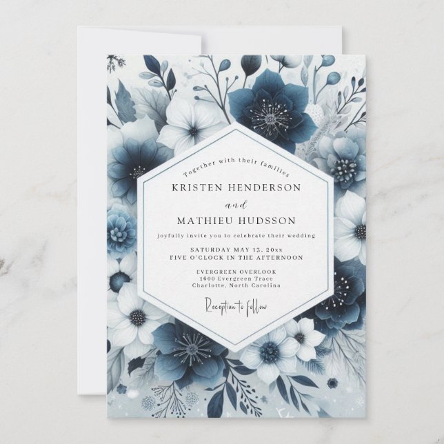Invitación Navy Blue Floral Whimsy Wedding (Anverso)