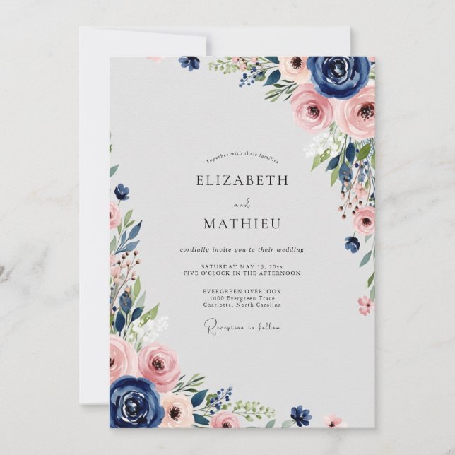 Invitación Navy Blue Flourishing Spring Wedding (Anverso)