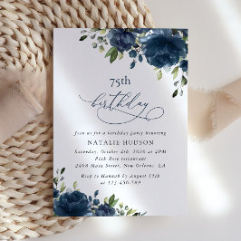 Invitación Navy Blue Flowers, Greenery, Boho, Any Birthday