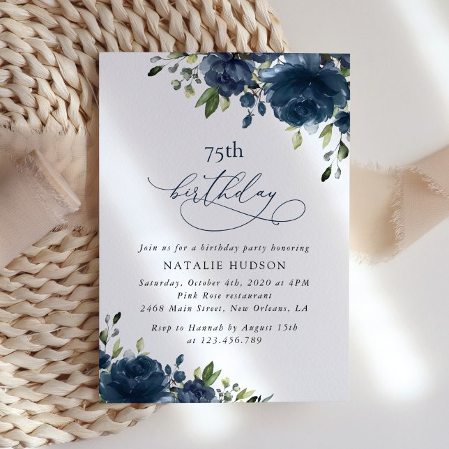 Invitación Navy Blue Flowers, Greenery, Boho, Any Birthday (Subido por el creador)