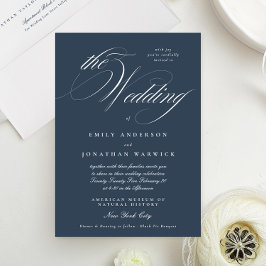 Invitación Navy Blue Formal Elegant Calligraphy The Wedding