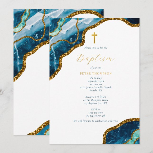 Invitación Navy Blue Geode Agate Gold Cross Baptism (Anverso / Reverso)