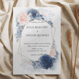 Invitación Navy Blue Geometric Floral Wedding Invitation
