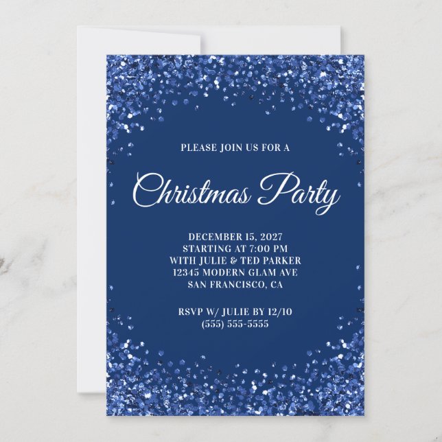 Invitación Navy Blue Glitter Border Christmas Party (Anverso)
