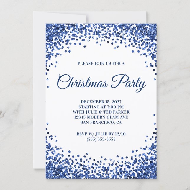 Invitación Navy Blue Glitter Border White Christmas Party (Anverso)