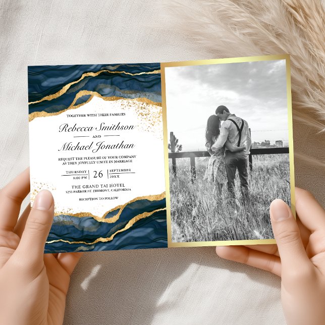 Invitación Navy Blue Gold Abstract Ink QR Code Wedding (Subido por el creador)
