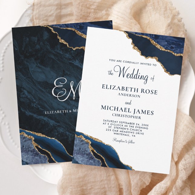 Invitación Navy Blue Gold Agate Elegant Wedding (Subido por el creador)