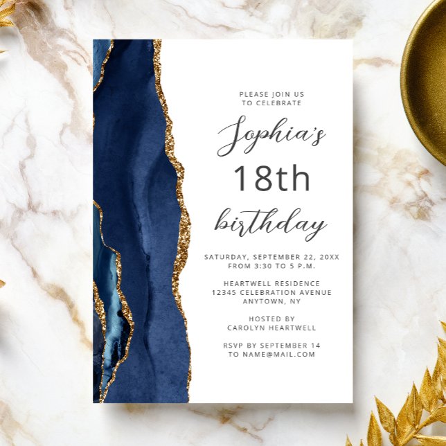 Invitación Navy Blue Gold Agate Script 18th Birthday (Subido por el creador)