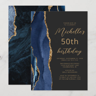 Invitación Navy Blue Gold Agate Script 50 cumpleaños