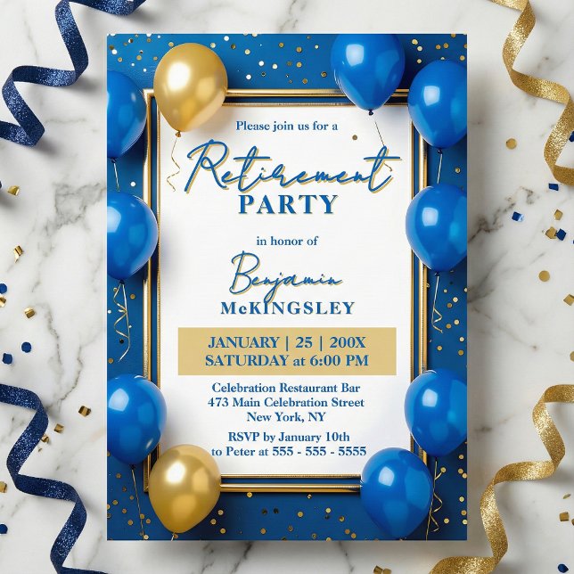 Invitación Navy Blue Gold Balloons Confetti Retirement Party (Subido por el creador)