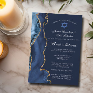 Invitación Navy Blue Gold B'nai Mitzvah Elegante Fiesta