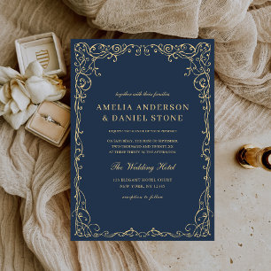 Invitación Navy Blue Gold Boda victoriana elegante