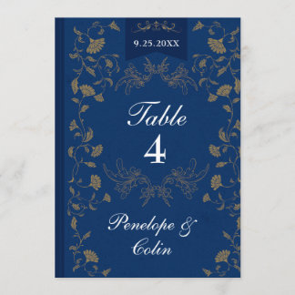 Invitación Navy Blue Gold Book Cover Wedding Table Number 
