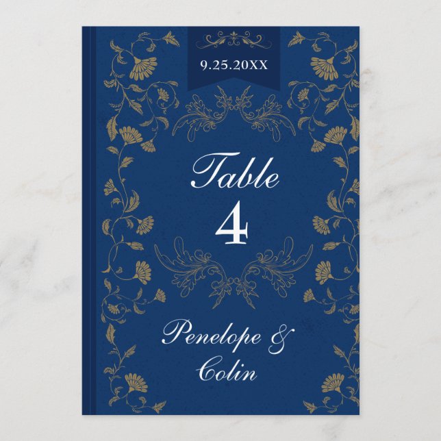 Invitación Navy Blue Gold Book Cover Wedding Table Number  (Anverso)