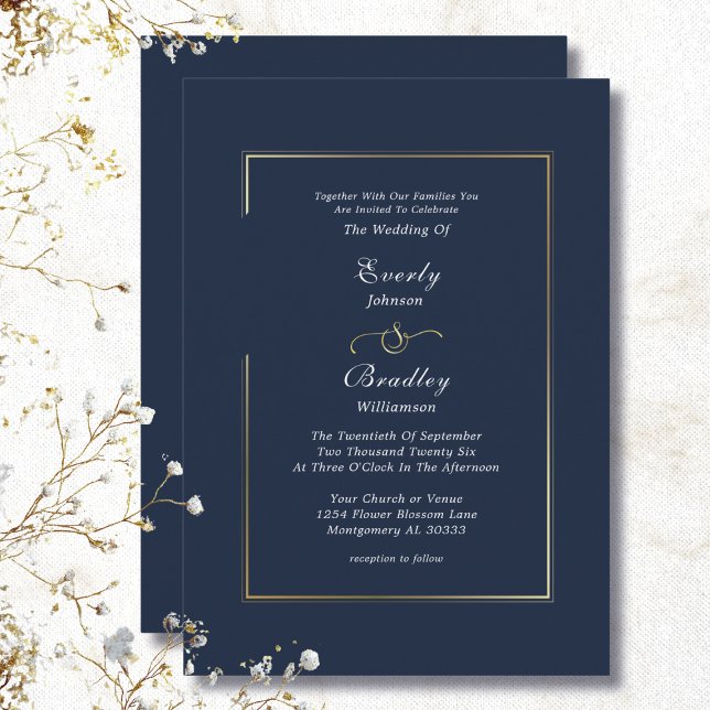 Invitación Navy Blue Gold Border Minimal Elegant Wedding (Subido por el creador)