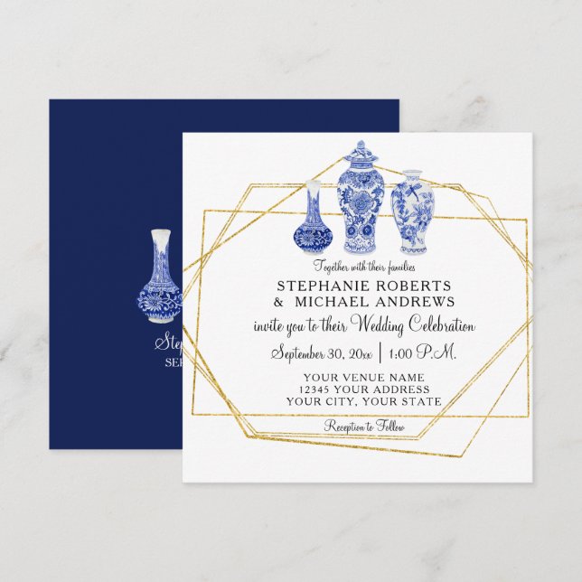 Invitación Navy Blue Gold Chinoiserie cerámica china vintage (Anverso / Reverso)