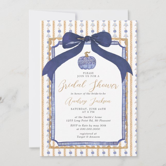 Invitación Navy Blue & Gold Chinoiserie Pumpkin Bridal Shower (Anverso)