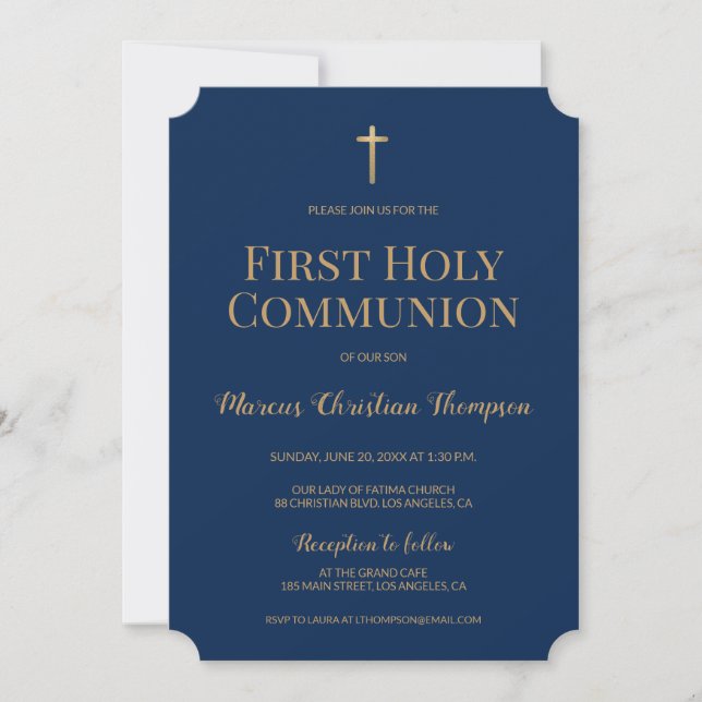 Invitación Navy Blue Gold Cross Boy Primera comunión santa (Anverso)