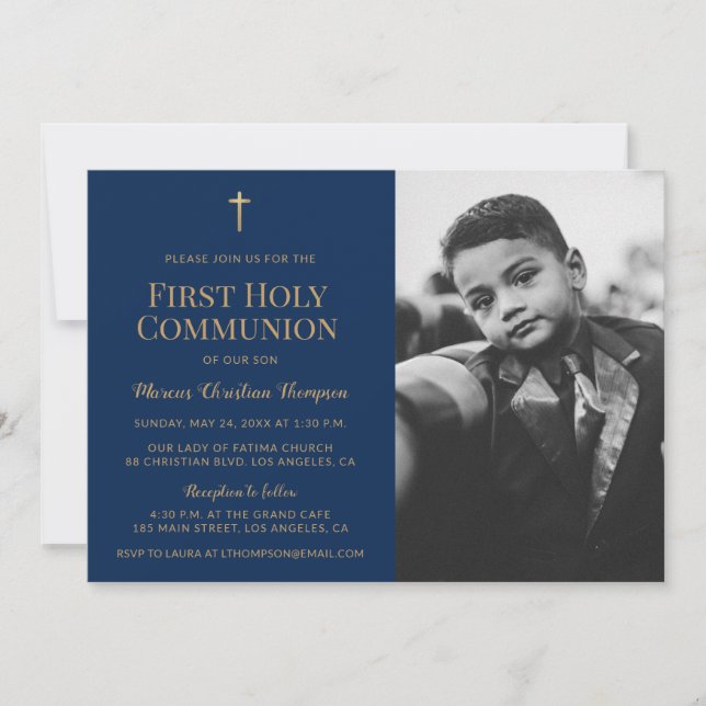 Invitación Navy Blue Gold Cross Boy Primera comunión santa (Anverso)