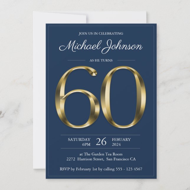 Invitación Navy Blue Gold Cumpleaños número 60 (Anverso)