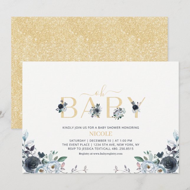 Invitación Navy Blue & Gold Elegant Boho Floral Baby Shower (Anverso / Reverso)