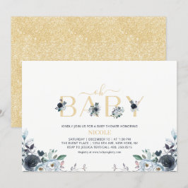 Invitación Navy Blue & Gold Elegant Boho Floral Baby Shower