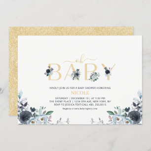 Invitación Navy Blue & Gold Elegant Boho Floral Baby Shower