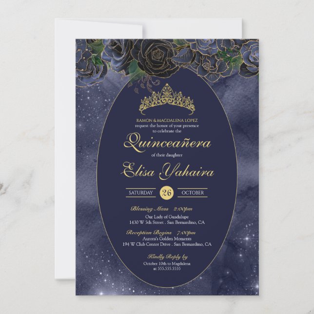 Invitación Navy Blue Gold Elegant Quinceanera (Anverso)