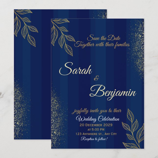 Invitación Navy Blue Gold Elegant Wedding Invitation (Anverso / Reverso)