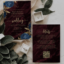 Invitación Navy Blue Gold Floral Burgundy QR Code Wedding
