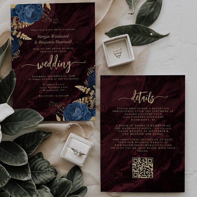 Invitación Navy Blue Gold Floral Burgundy QR Code Wedding (Subido por el creador)