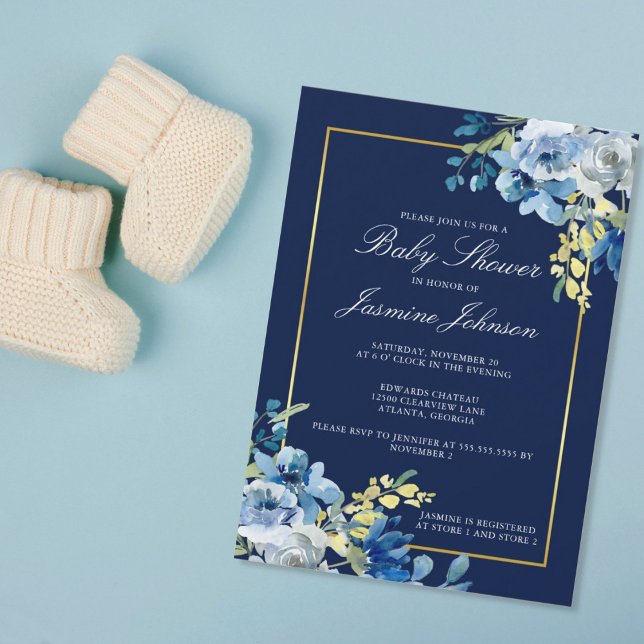 Invitación Navy Blue Gold Floral Elegante Baby Shower (Subido por el creador)
