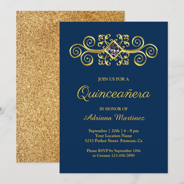 Invitación Navy Blue Gold Flourier Diamond Quinceanera (Anverso / Reverso)