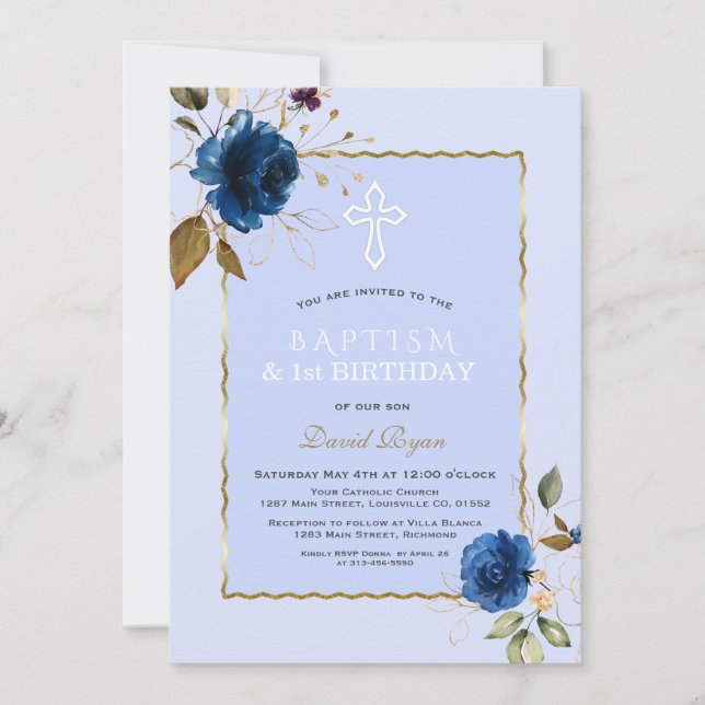 Invitación Navy Blue Gold Flowers Boy Primer cumpleaños y bau (Anverso)