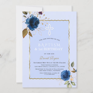 Invitación Navy Blue Gold Flowers Boy Primer cumpleaños y bau