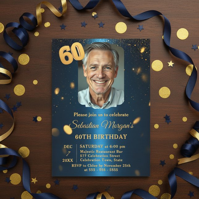 Invitación Navy Blue Gold Glitter Photo 60th Birthday Party (Subido por el creador)