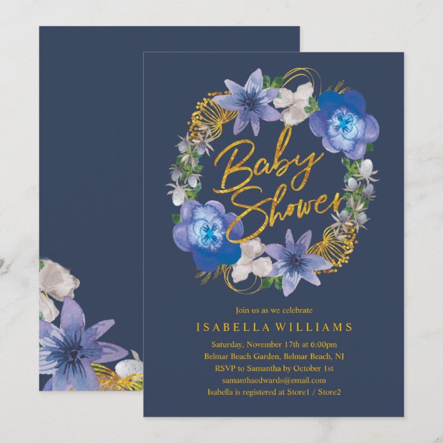Invitación Navy Blue Gold Hydrangeas Floral Baby Shower (Anverso / Reverso)