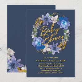 Invitación Navy Blue Gold Hydrangeas Floral Baby Shower