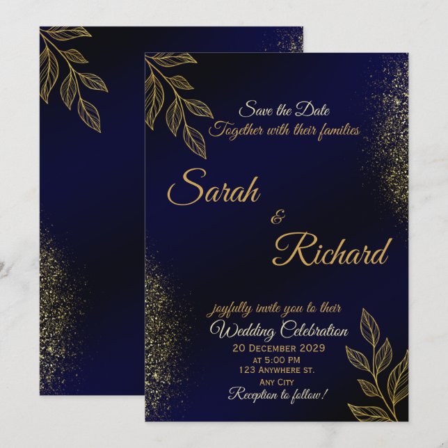 Invitación Navy Blue Gold Luxury Wedding Invitation (Anverso / Reverso)