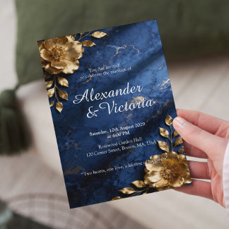 Invitación Navy Blue Gold Marble Wedding Invitation