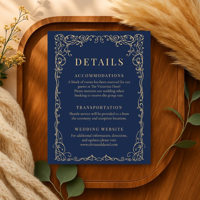 Invitación Navy Blue Gold Minimalist Wedding Details (Subido por el creador)