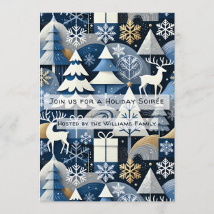 Invitación Navy Blue Gold Nordic Christmas Forest