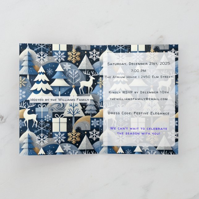 Invitación Navy Blue Gold Nordic Christmas Forest (Interior)
